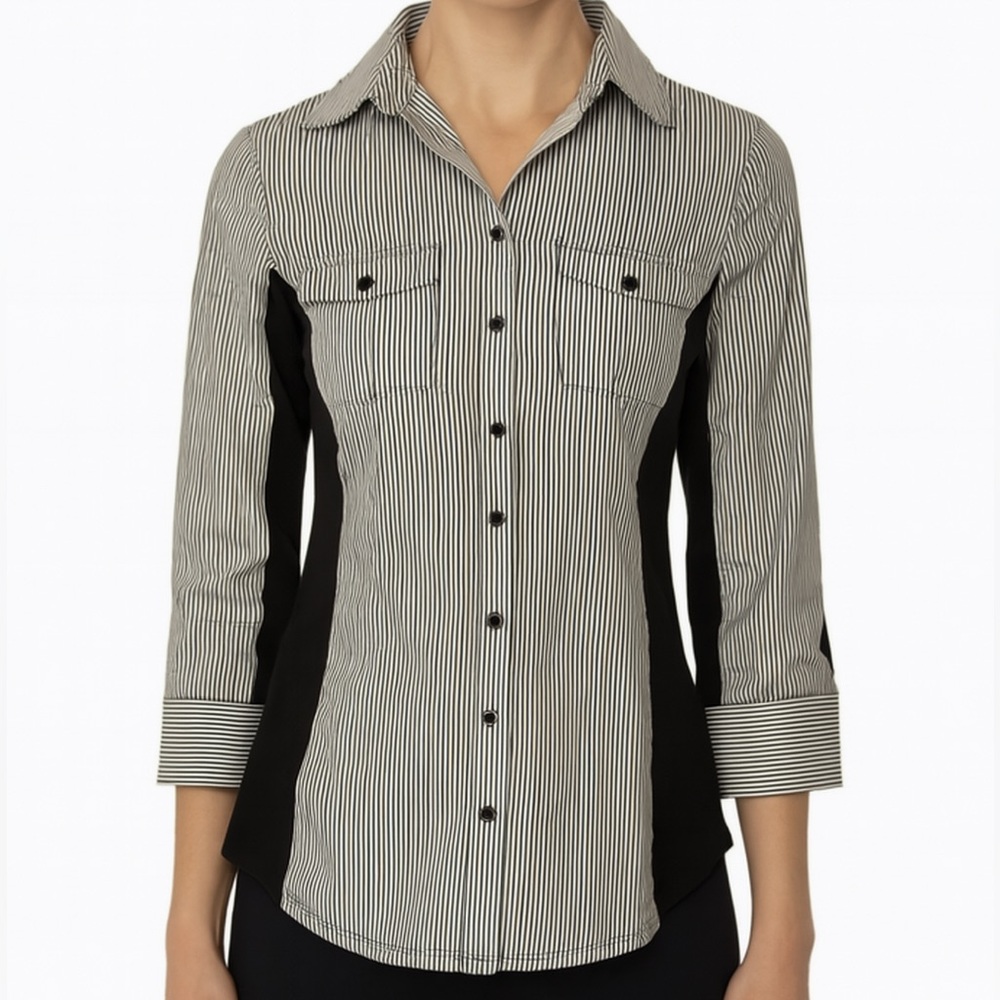 🧥 Zac & Racheal Asymmetrical Black & White Pinstripe Button-Up Shirt - Size L